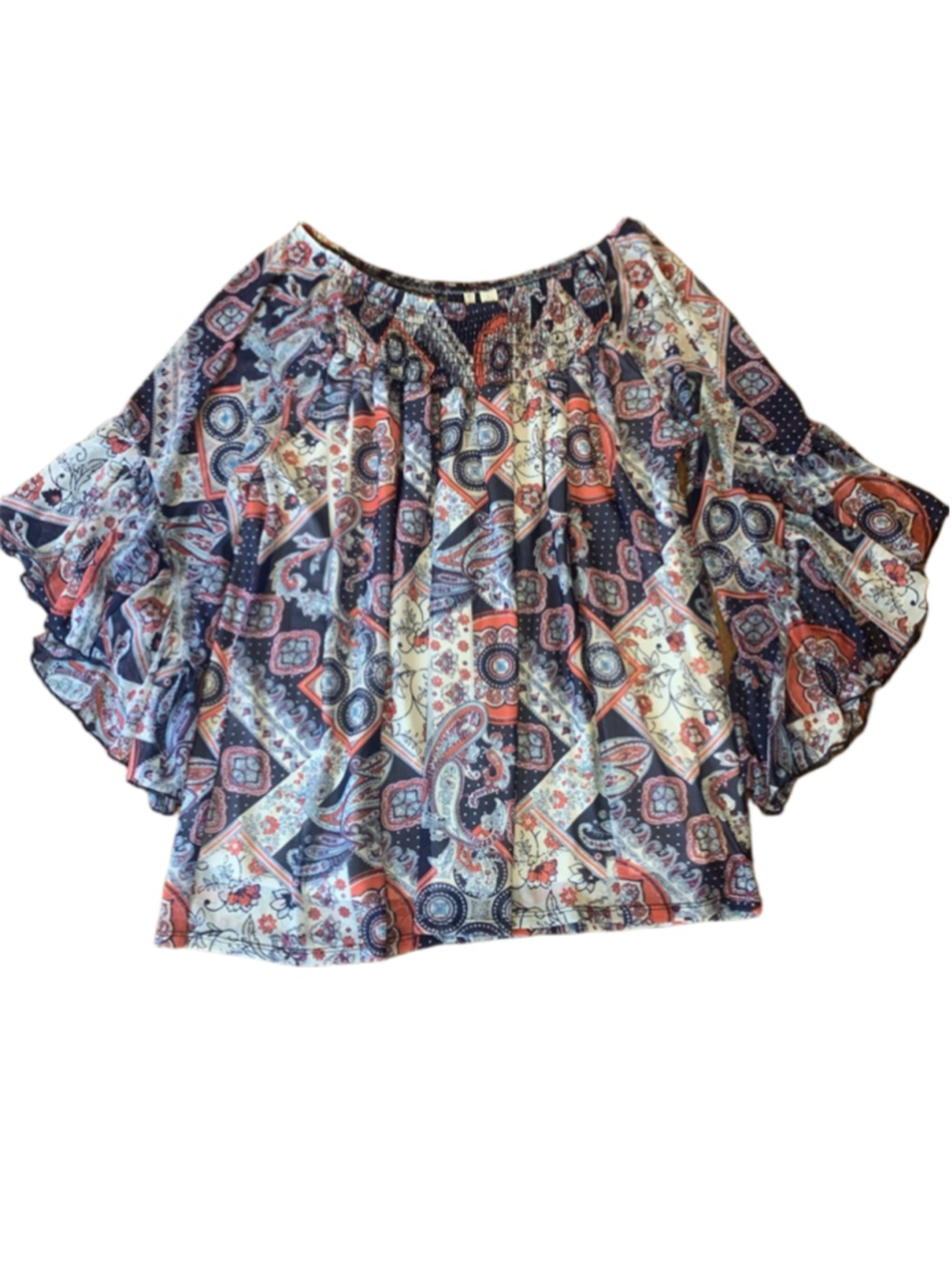 Cato Multicolor Paisley Square-Neck Blouse with Ruffle Sleeves